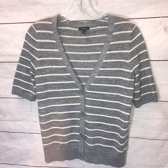 Talbots Grey Ivory Silver Metallic  Short Sleeve Cardigan Sweater Size XS - Picture 1 of 5